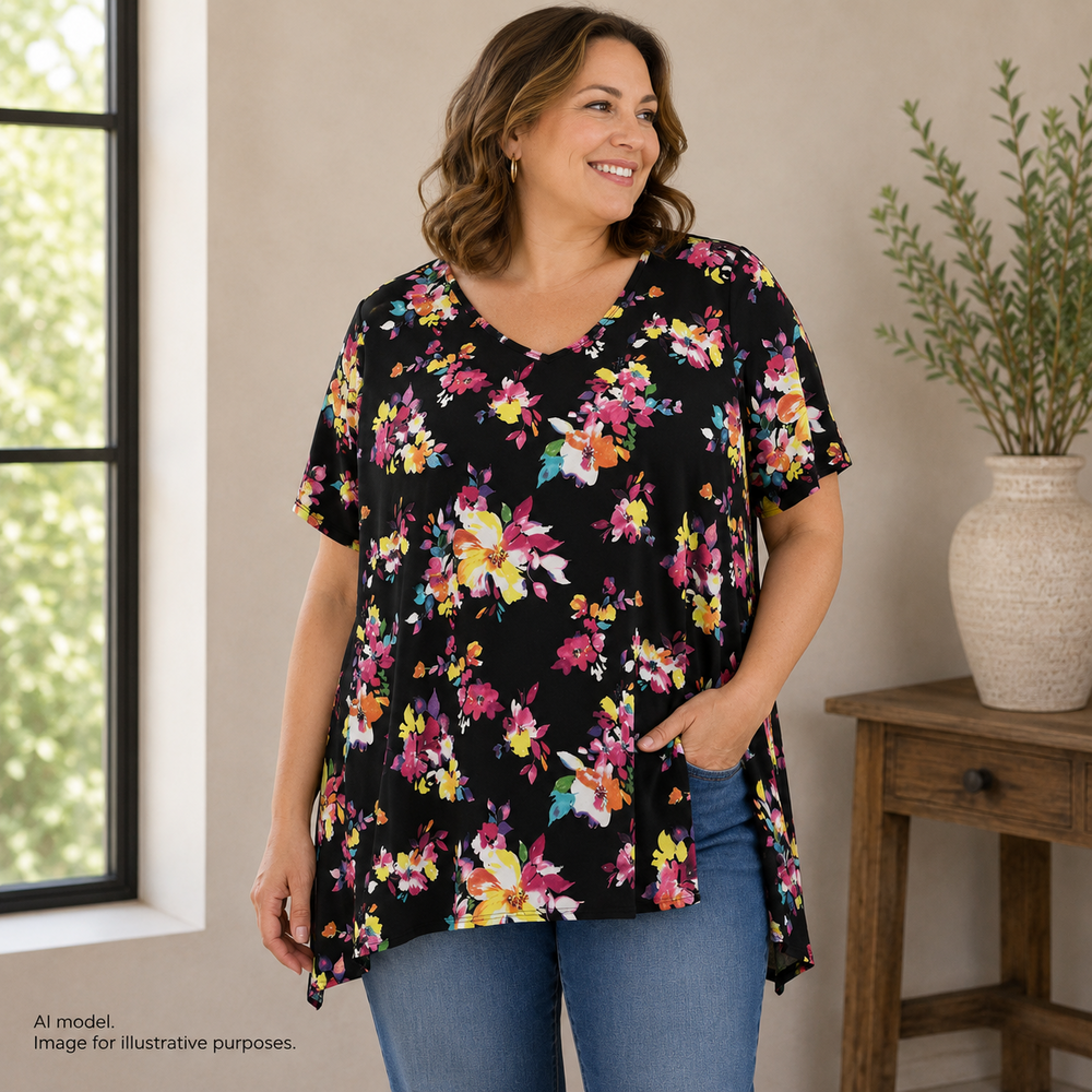 Susan Graver Shirt Womens 1X Black Flowy Floral V Neck Stretch Knit Tunic Top
